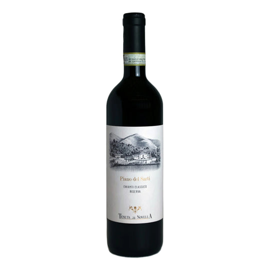Red wine bottle with a label on a white background