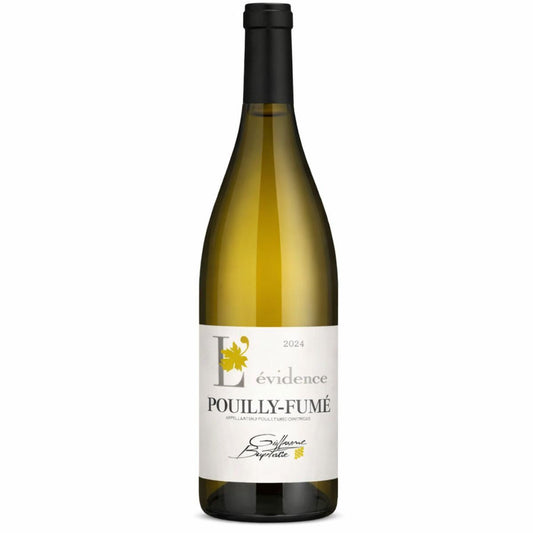 a bottle of white wine from Pouilly-Fume with a white label 