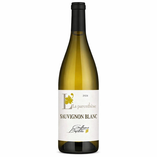 A bottle of white Sauvignon Blanc wine with a white label