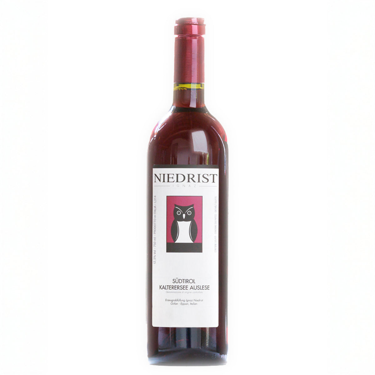 Bottle of 2024 Südtirol Kalterersee Classico Superiore DOC red wine from Weingut Ignaz Niedrist, South Tyrol, Italy 