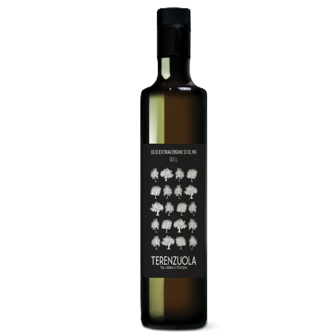 Bottle of Terenzuola extra virgin olive oil from Tuscany, Italy