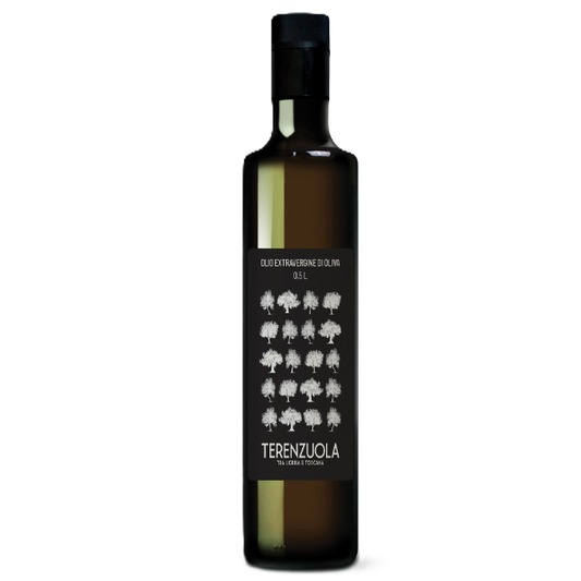 Bottle of Terenzuola extra virgin olive oil from Tuscany, Italy